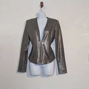 Trouve Women's Silver Metallic Deep V-Neck Jacket Statement Grunge Alt Concert